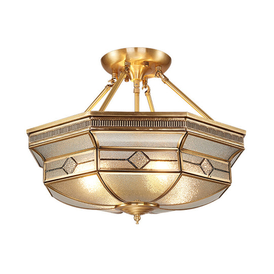 Traditional Octagon Semi Flush Ceiling Light - Textured Glass Brass Finish Ideal For Bedroom
