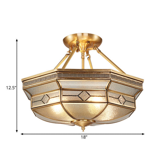 Traditional Octagon Semi Flush Ceiling Light - Textured Glass Brass Finish Ideal For Bedroom