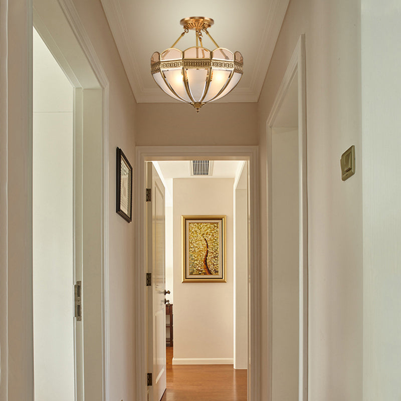 Traditional Brass 4 - Bulb Umbrella Semi Flush Mount Ceiling Light Fixture With Frosted Glass