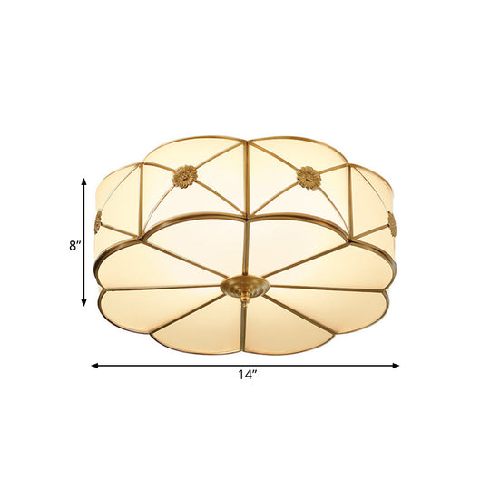 Traditional 1-Tiered White Glass & Gold Flush Mount Chandelier - 3/4/6 Bulbs (14’/18’/23.5’ Width)