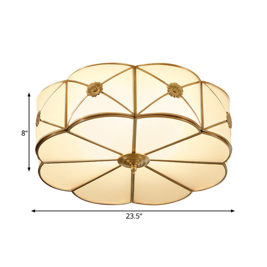 Traditional 1-Tiered White Glass & Gold Flush Mount Chandelier - 3/4/6 Bulbs (14’/18’/23.5’ Width)