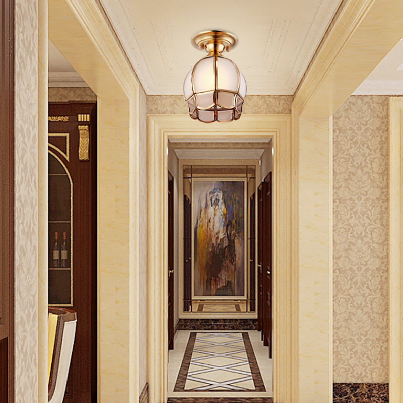 Traditional White Glass Brass Semi Flush Mount Chandelier 5’/6’ Wide Cone/Globe Ceiling 1 Bulb