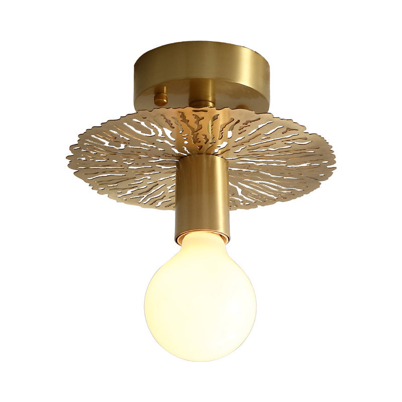 Traditional Brass Flush Mount Lamp With Exposed Bulb - 1 Head Ceiling Mounted Light For Living Room