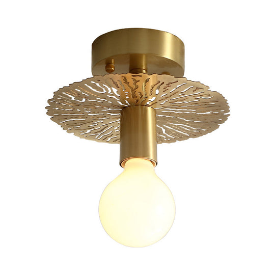 Traditional Brass Flush Mount Lamp With Exposed Bulb - 1 Head Ceiling Mounted Light For Living Room