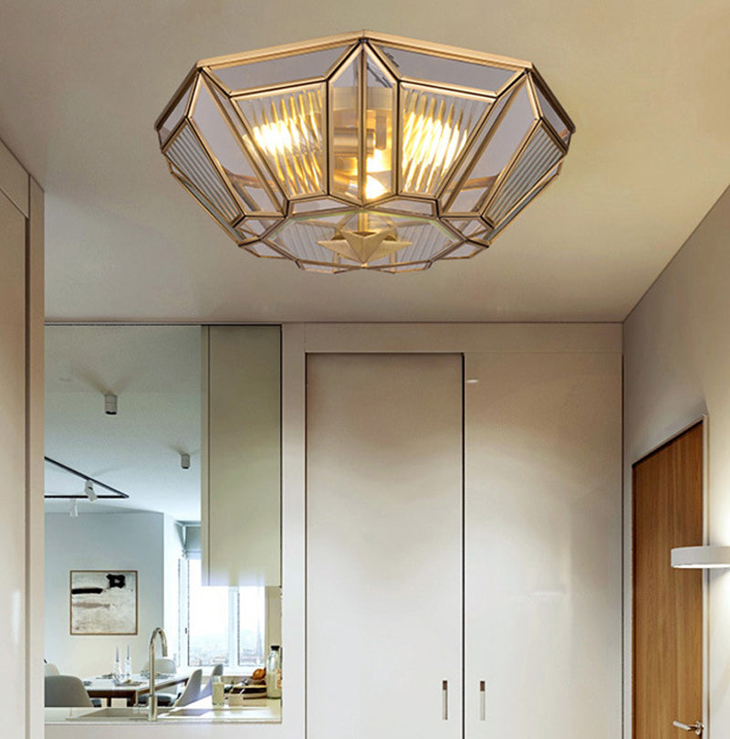 Traditional Brass Tapered Flush Mount Ceiling Light Fixture With 4 Bulbs And Ribbed Glass For