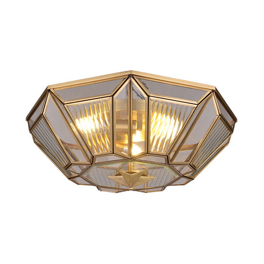 Traditional Brass Tapered Flush Mount Ceiling Light Fixture With 4 Bulbs And Ribbed Glass For Dining