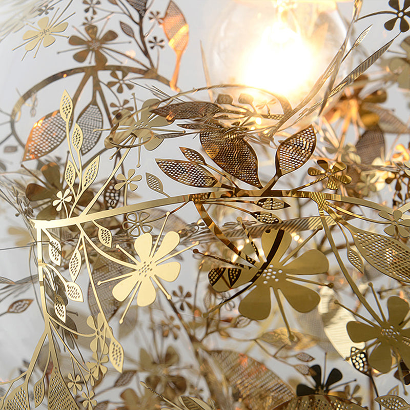 Minimalist Clear Glass Sphere Chandelier With Gold Metal Flower Decor - 10-Head Stairs Pendant Lamp