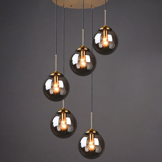 Post-Modern Cluster Ball Pendant Light Fixture With Brass Finish & Glass Shades - 5 Bulb Suspension