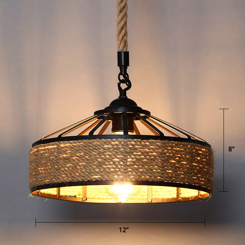 Farmhouse Hemp Rope Pendant Light - Conical Cage Design Brown Finish 1 Bulb / 12’