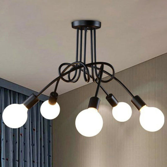 Black Metal Knot Chandelier With Bare Bulb Design - Industrial Living Room Lamp