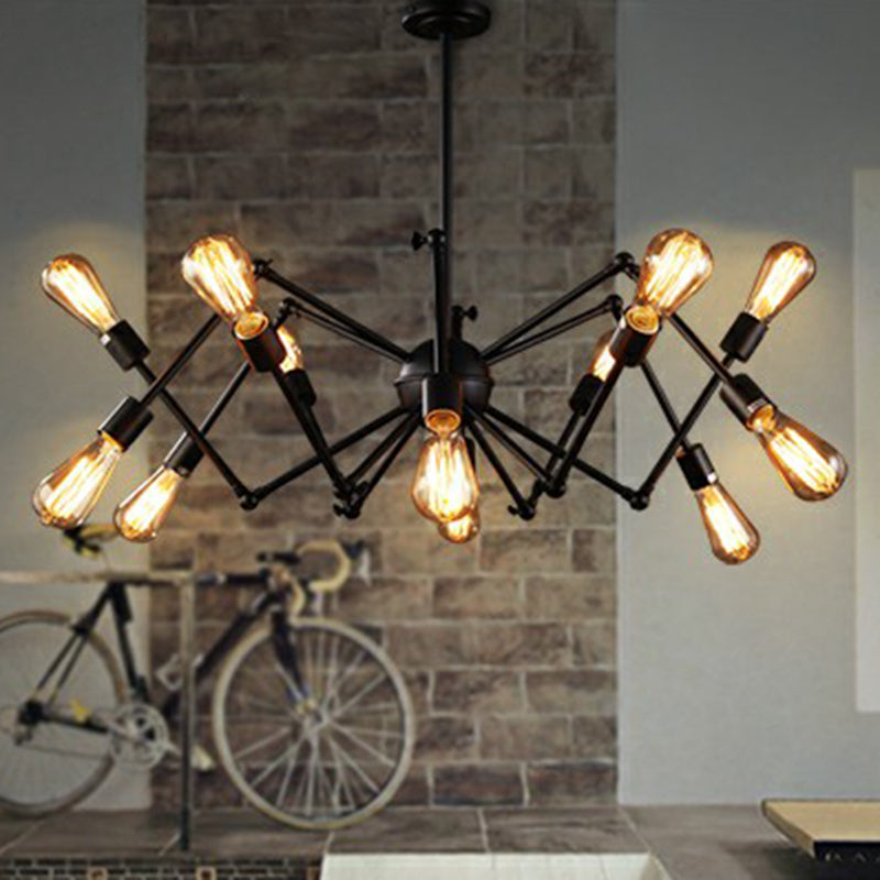 Iron Exposed Bulb Chandelier - Loft Style Restaurant Hanging Lamp With Swing Arm In Black