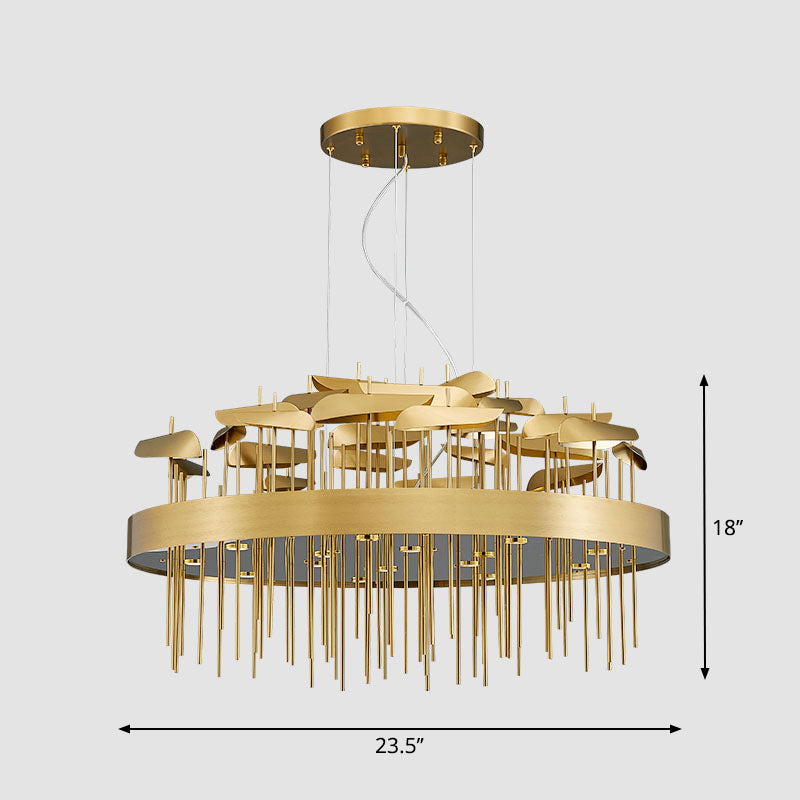Modern Gold Leaf Suspension Chandelier For Dining Room / Round Canopy