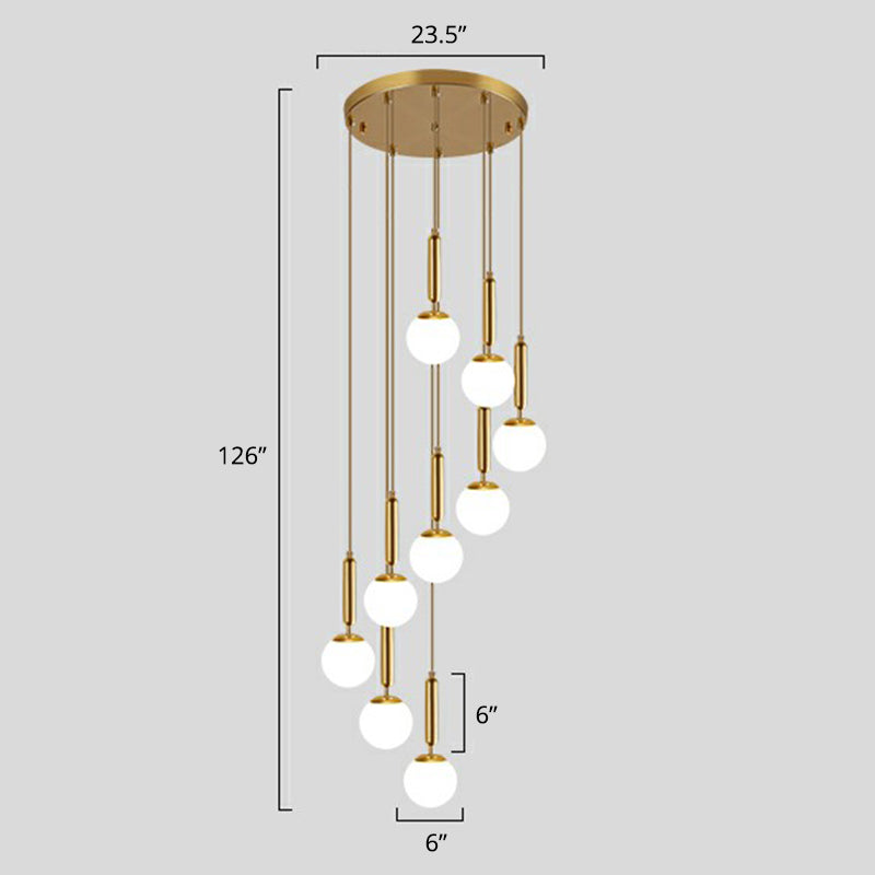 Gold Multi Hanging Stairway Light With Minimalist White Glass Ball Pendant 12 / Globe