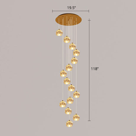 Minimalist Golden Crystal Ball Pendant Light For Stairs - Faceted Cut Ceiling Lamp Cluster 15 / Gold