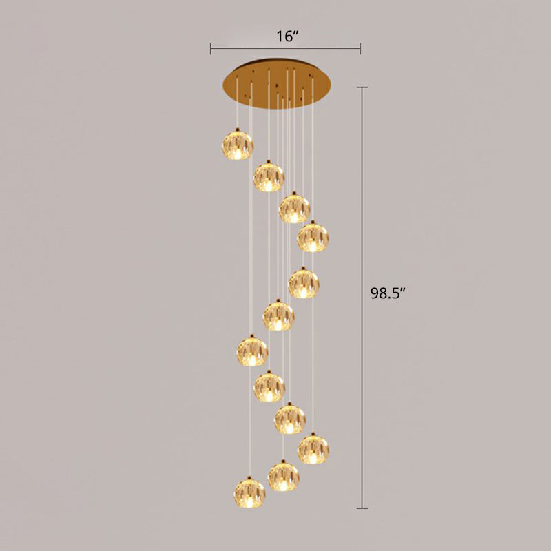 Golden Cluster Pendant Light With Faceted Cut Crystal Ball Design For Stairway Illumination 12 /