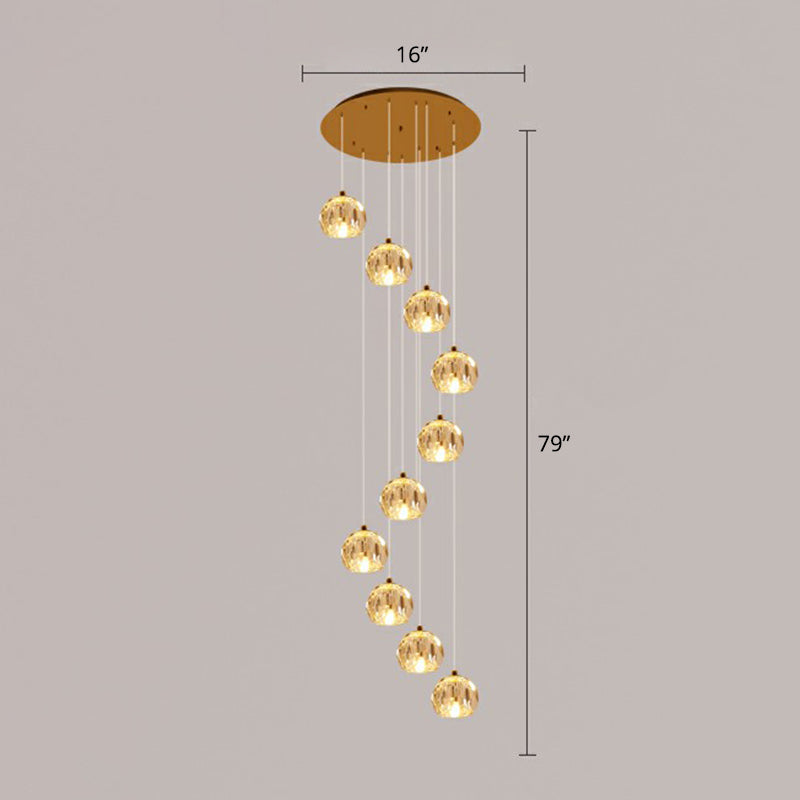 Golden Cluster Pendant Light With Faceted Cut Crystal Ball Design For Stairway Illumination 10 /