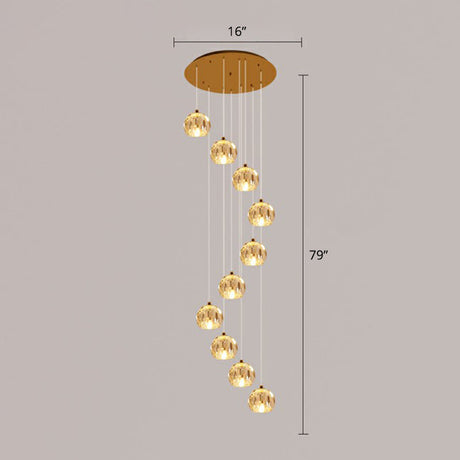 Minimalist Golden Crystal Ball Pendant Light For Stairs - Faceted Cut Ceiling Lamp Cluster 10 / Gold