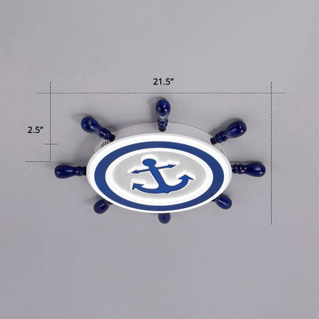 Blue Led Flushmount Ceiling Lamp For Kids Room With Cartoon Ship Rudder Design / 21.5 White