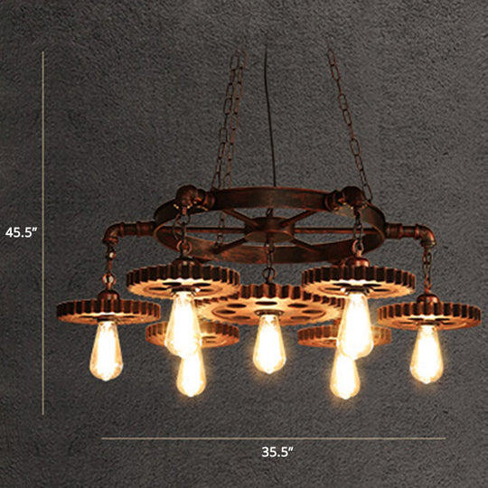Factory Style Iron Suspension Chandelier With Bronze Finish & Gear Wheel Deco – Bare Bulb Lighting