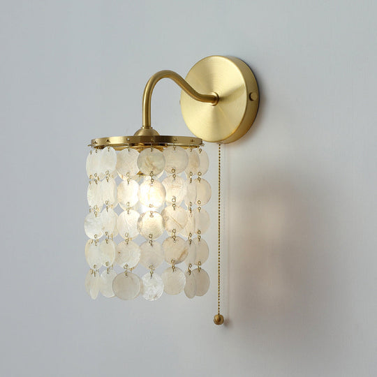 Coastal Gold Natural Shell Wall Mounted Light With Pull Chain - Single-Bulb Disc Lighting