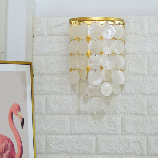 Country Style Gold Shell Wall Lamp With Circle Strands - 1 Head Bedroom Sconce Light