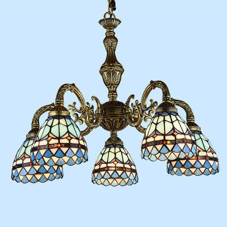 Handcrafted Stained Glass Chandelier With Bronze Finish For Dining Room Ceiling 5 / Down
