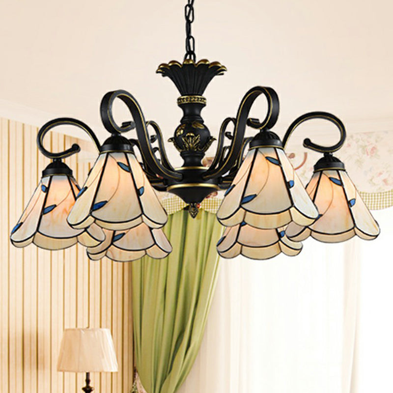 Mediterranean Hand Cut Glass Chandelier With 6 Conical Hanging Lamps & Scalloped Edges