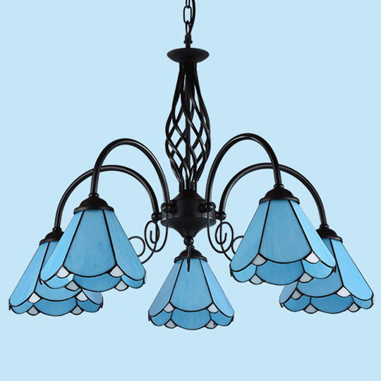 Mediterranean Blue Glass Floral Chandelier Light - Elegant Ceiling Lamp For Living Room 5 / Down