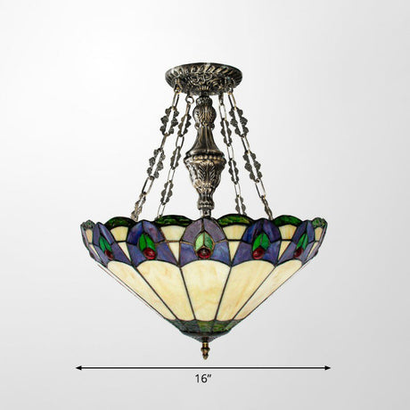 Beige Stained Glass Conical Pendant Chandelier - 3-Light Hanging Light For Dining Room