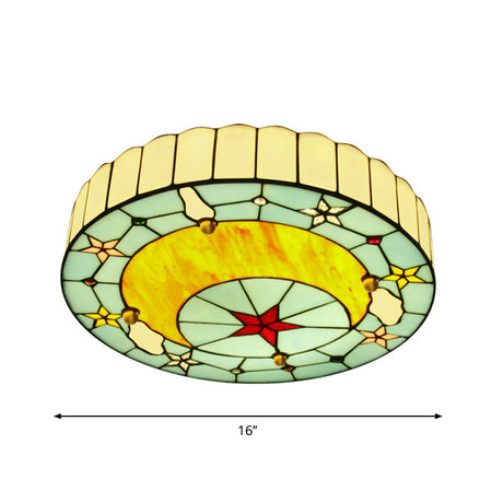 Blue Baroque Glass Ceiling Lamp: Hand-Crafted Round Flush Mount Light For Bedroom / 16