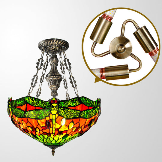 Tiffany Stained Glass Chandelier With Dragonfly Pattern And Gem-Like Cabochons In Green