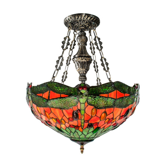 Tiffany Stained Glass Chandelier With Dragonfly Pattern And Gem-Like Cabochons In Green