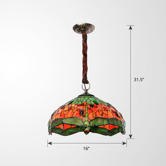 Tiffany Stained Glass Chandelier With Dragonfly Pattern And Gem-Like Cabochons In Green / Down