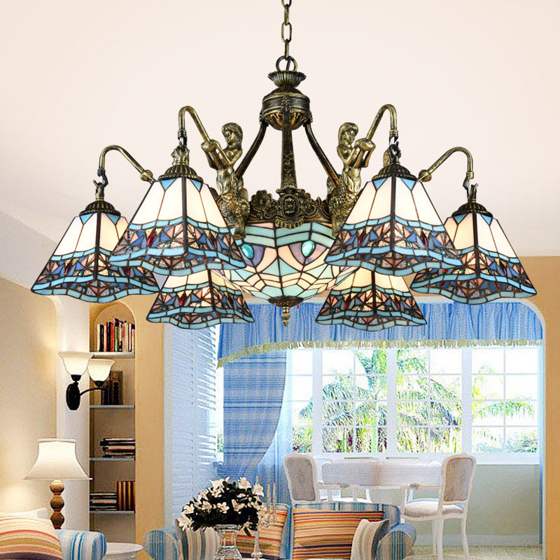 Tiffany Style Stained Glass Ceiling Chandelier: Pyramid Design With Mermaid Deco In Bronze 9 /
