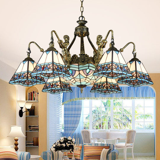 Tiffany Style Stained Glass Ceiling Chandelier: Pyramid Design With Mermaid Deco In Bronze 9 /
