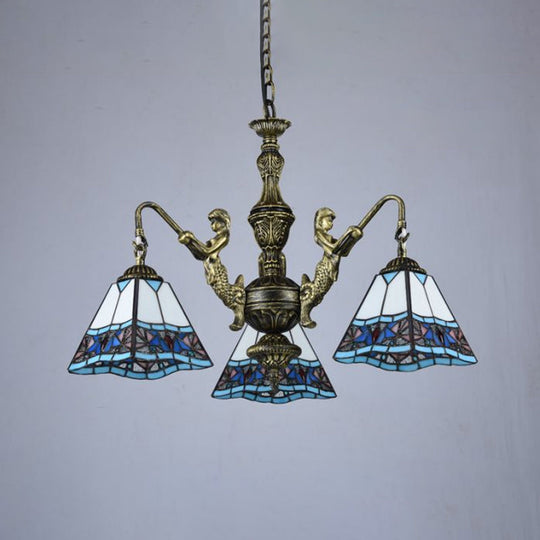 Tiffany Style Stained Glass Ceiling Chandelier: Pyramid Design With Mermaid Deco In Bronze