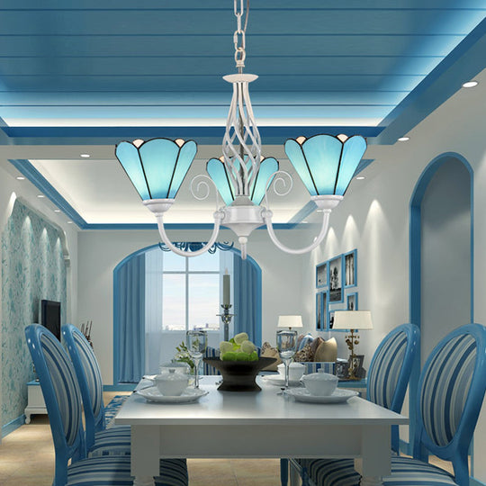 Handcrafted Mediterranean Blue Glass Chandelier With White Arched Arm - Conical Hanging Ceiling