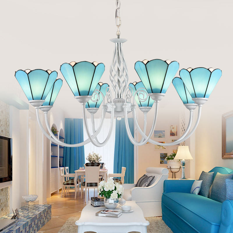 Mediterranean Blue Conical Glass Chandelier With White Arched Arm - Handcrafted Hanging Ceiling