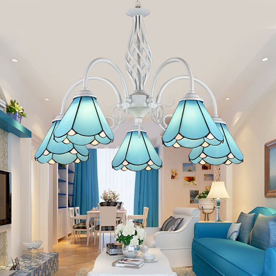 Handcrafted Mediterranean Blue Glass Chandelier With White Arched Arm - Conical Hanging Ceiling