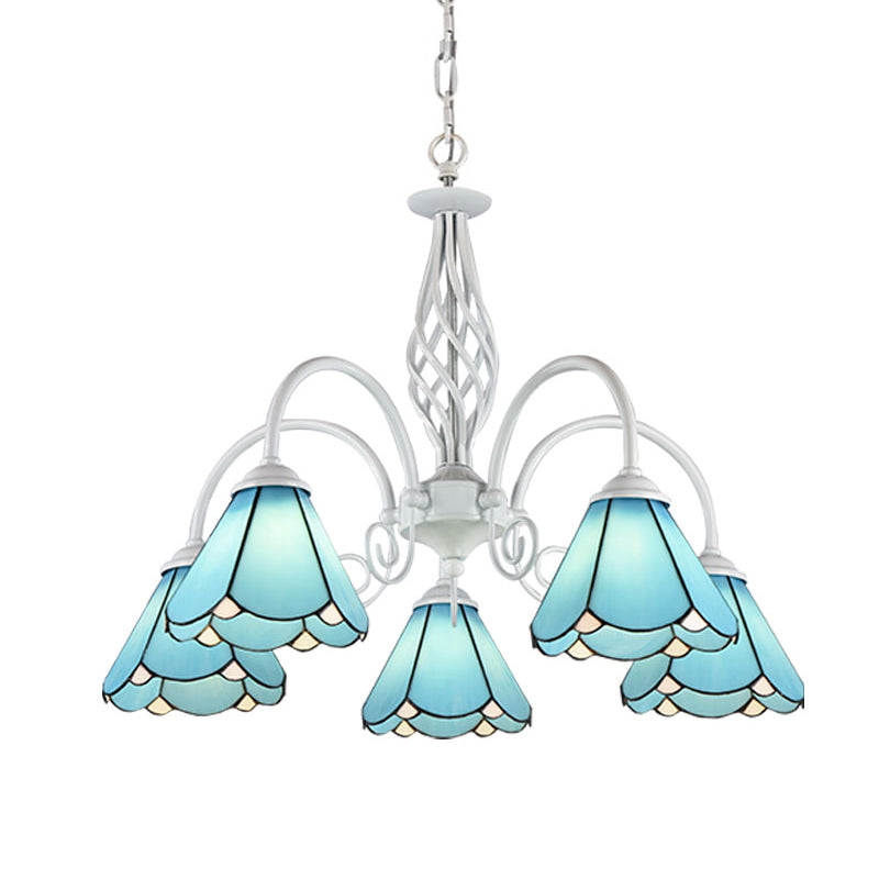 Handcrafted Mediterranean Blue Glass Chandelier With White Arched Arm - Conical Hanging Ceiling