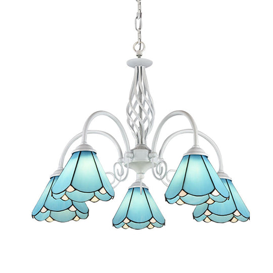 Handcrafted Mediterranean Blue Glass Chandelier With White Arched Arm - Conical Hanging Ceiling