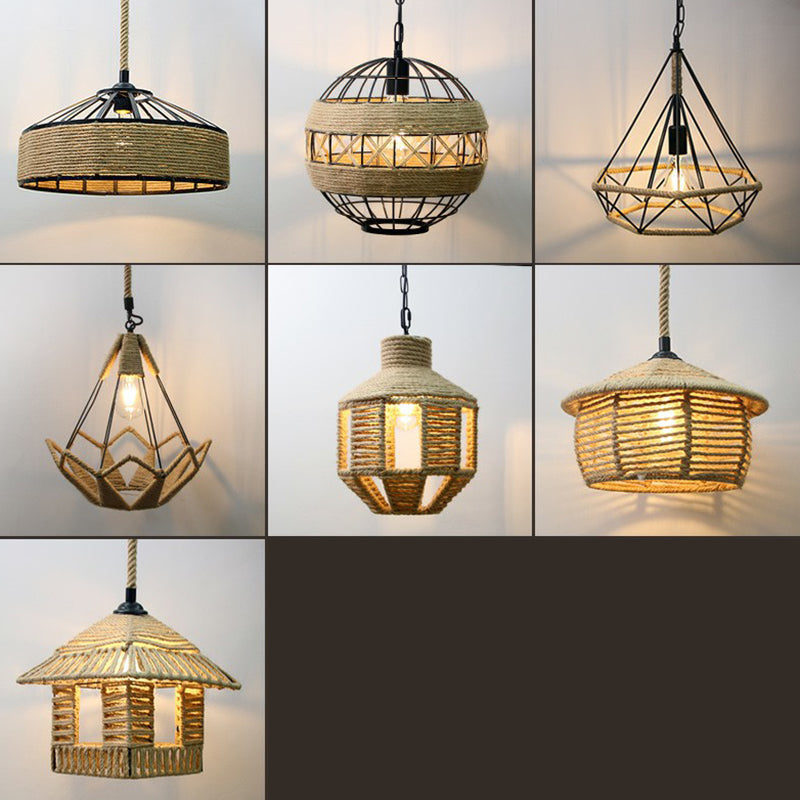 Rustic Rope Cage Pendant Light - Hand-Wrapped 1 Bulb Ceiling Lamp In Brown For Restaurants
