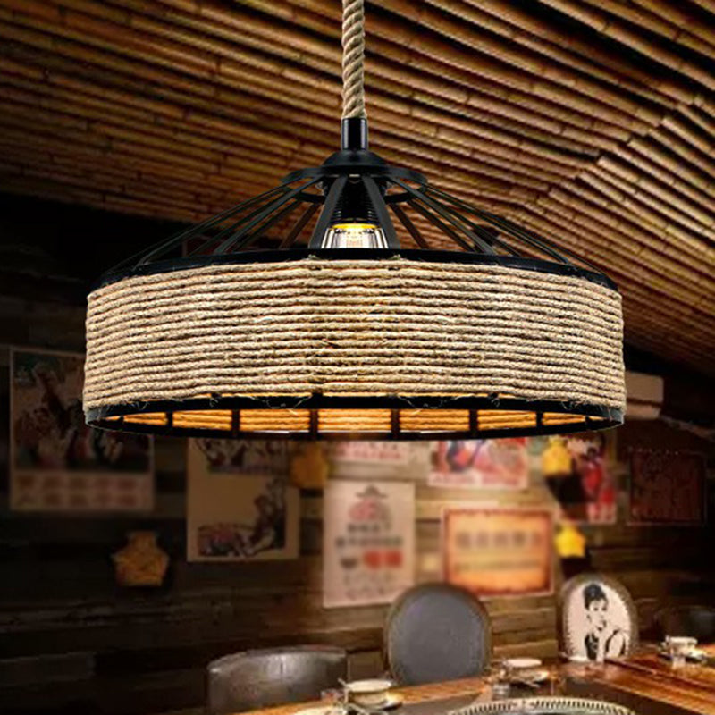 Rustic Rope Cage Pendant Light - Hand-Wrapped 1 Bulb Ceiling Lamp In Brown For Restaurants