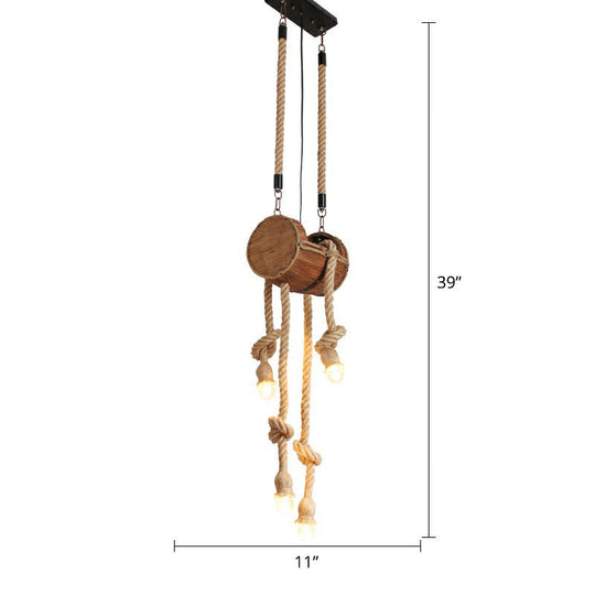 Rustic Brown Naked Bulb Pendant Light - Restaurant Suspension Lamp With Rope Fixture / Cylinder