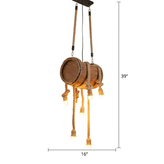 Rustic Restaurant Pendant Light Fixture - Naked Bulb Roped Suspension Lamp In Brown / Long Column