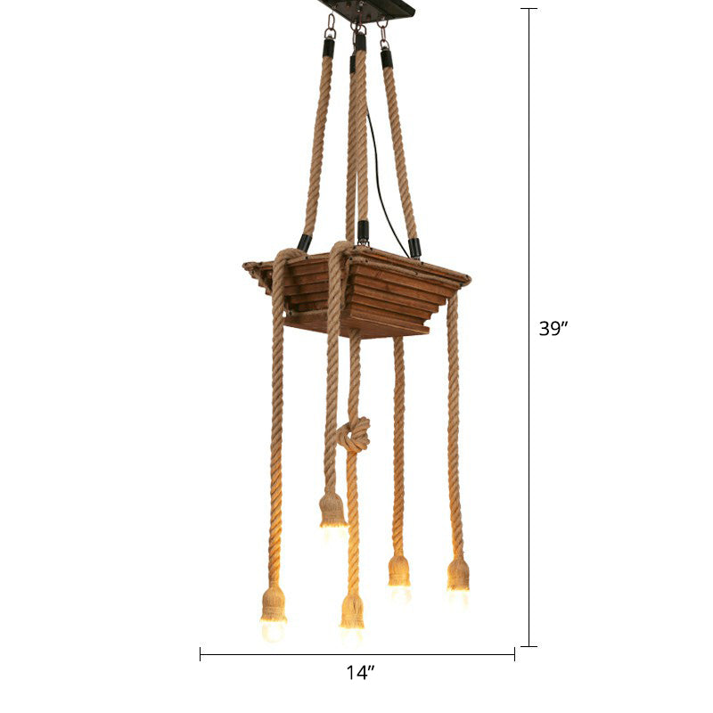 Rustic Brown Naked Bulb Pendant Light - Restaurant Suspension Lamp With Rope Fixture / Square Plate