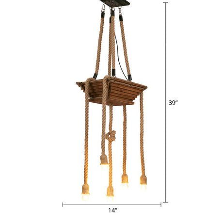 Rustic Restaurant Pendant Light Fixture - Naked Bulb Roped Suspension Lamp In Brown / Square Plate