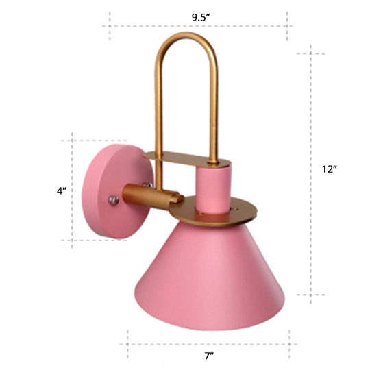 Bugle-Shaped Macaron Wall Light With Metal Shade For Bedroom Pink