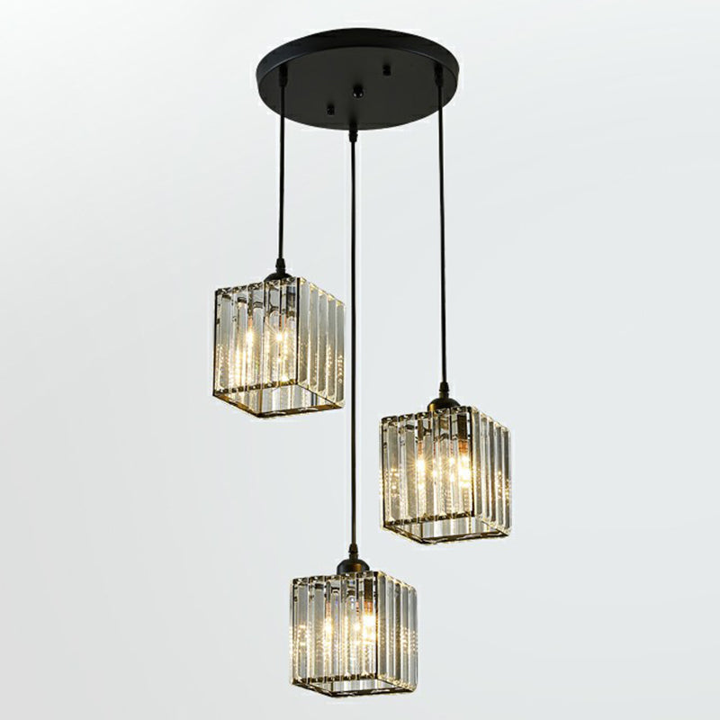 Modern Black Crystal Block Pendant With 3 Shaded Lights For Dining Room Ceiling / Square Plate Round