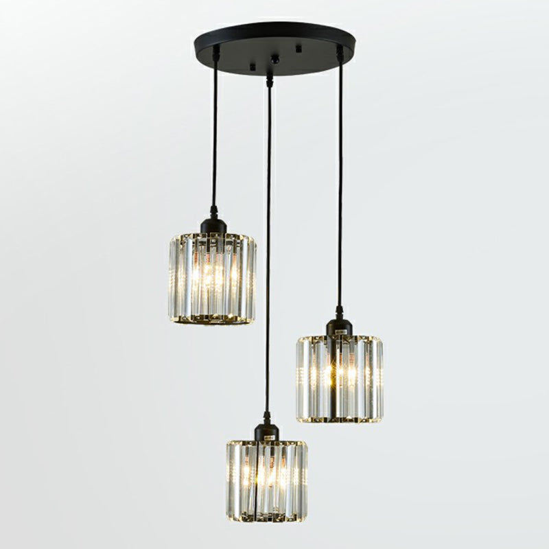 Modern Black Crystal Block Pendant With 3 Shaded Lights For Dining Room Ceiling / Round